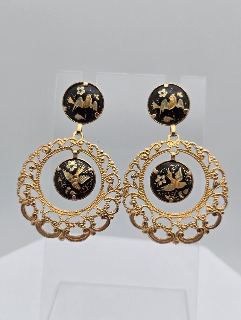 Vintage Spanish Damascene Bird & Floral Filigree Dangle Hoop Earrings 1.75"